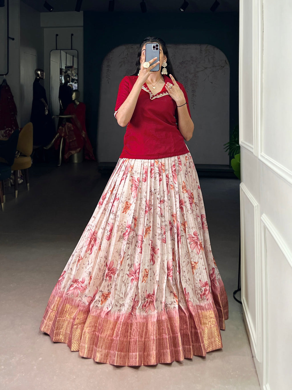 Lorenvalley Fashion Red Dola Chex Floral Printed With Zari Weaving Work Lehenga Choli | Grocsy
