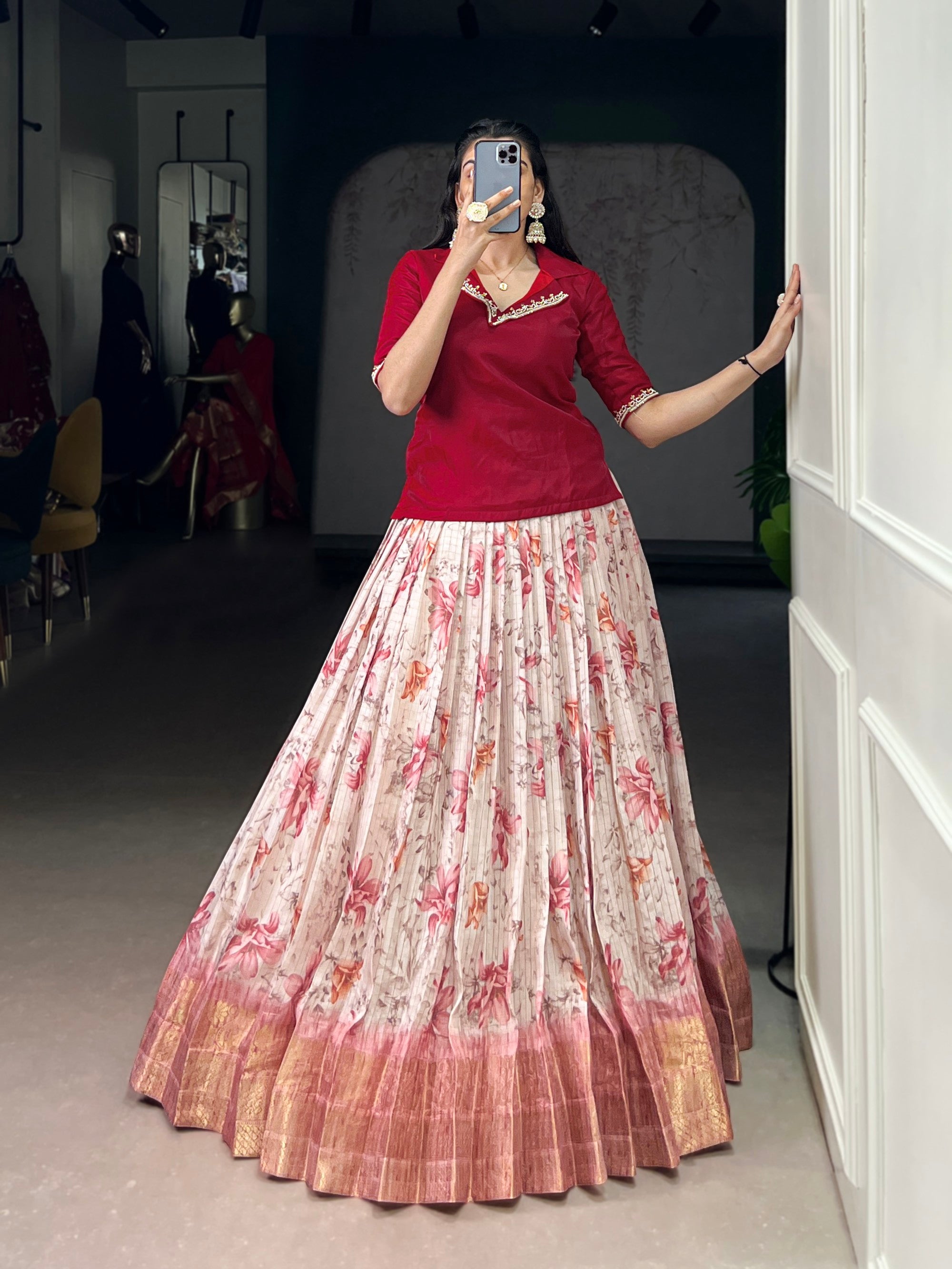 Lorenvalley Fashion Red Dola Chex Floral Printed With Zari Weaving Work Lehenga Choli | Grocsy