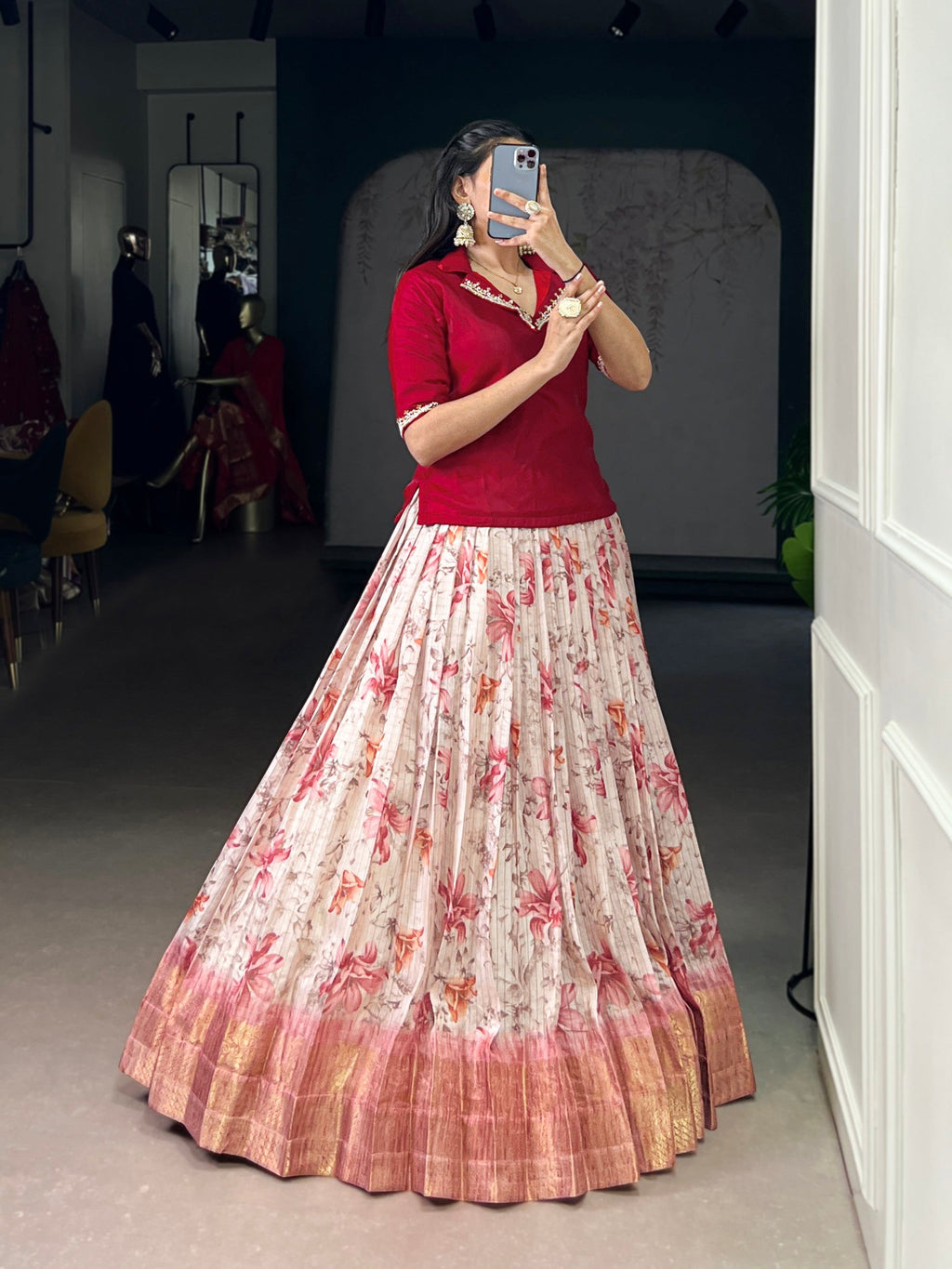 Lorenvalley Fashion Red Dola Chex Floral Printed With Zari Weaving Work Lehenga Choli | Grocsy