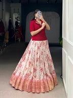 Lorenvalley Fashion Red Dola Chex Floral Printed With Zari Weaving Work Lehenga Choli | Grocsy