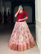 Lorenvalley Fashion Red Dola Chex Floral Printed With Zari Weaving Work Lehenga Choli | Grocsy