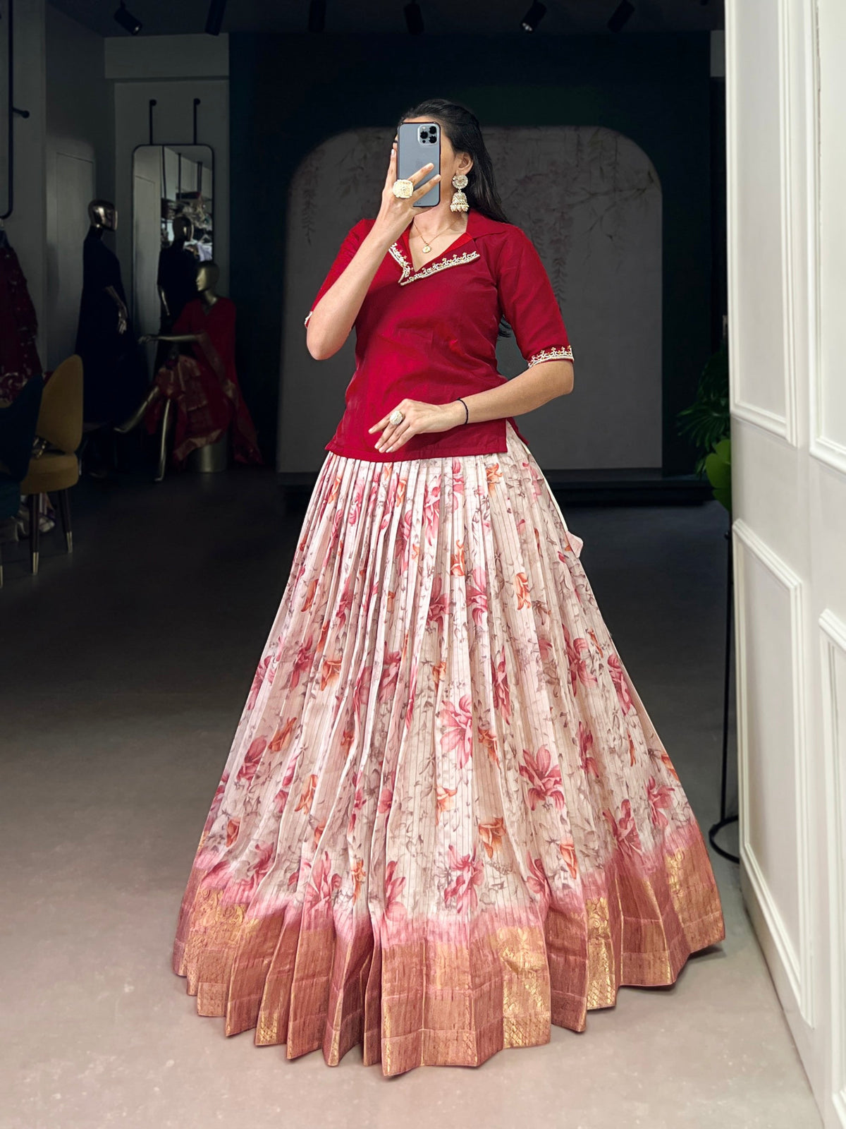 Lorenvalley Fashion Red Dola Chex Floral Printed With Zari Weaving Work Lehenga Choli | Grocsy
