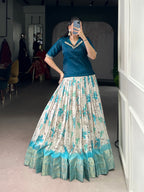 Lorenvalley Fashion Teal Dola Chex Floral Printed With Zari Weaving Work Lehenga Choli | Grocsy