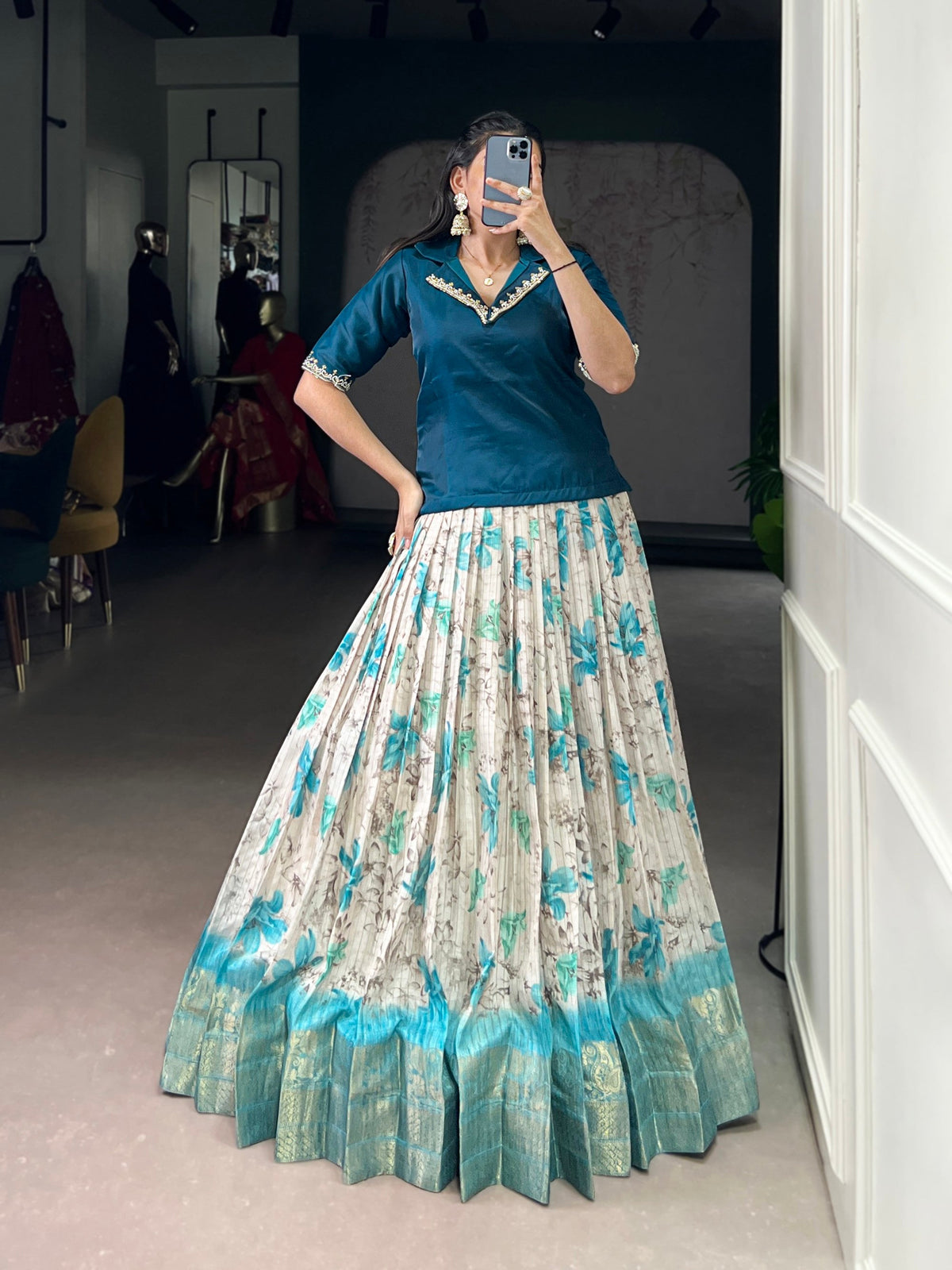 Lorenvalley Fashion Teal Dola Chex Floral Printed With Zari Weaving Work Lehenga Choli | Grocsy