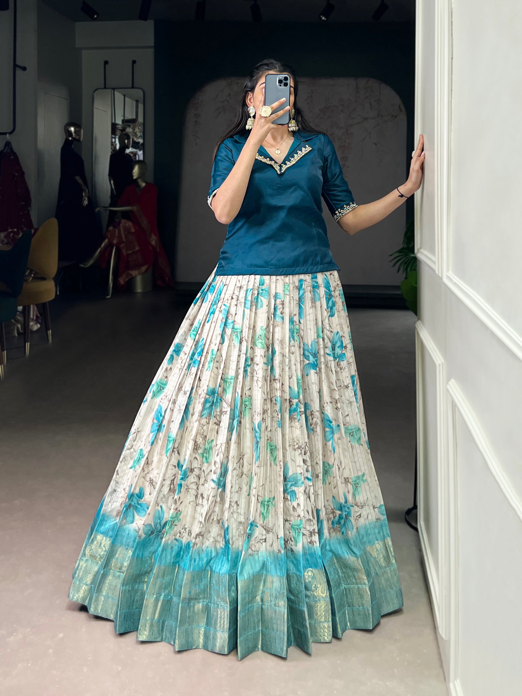 Lorenvalley Fashion Teal Dola Chex Floral Printed With Zari Weaving Work Lehenga Choli | Grocsy