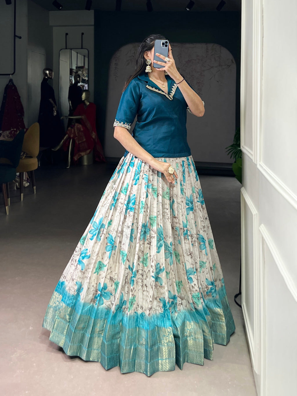 Lorenvalley Fashion Teal Dola Chex Floral Printed With Zari Weaving Work Lehenga Choli | Grocsy
