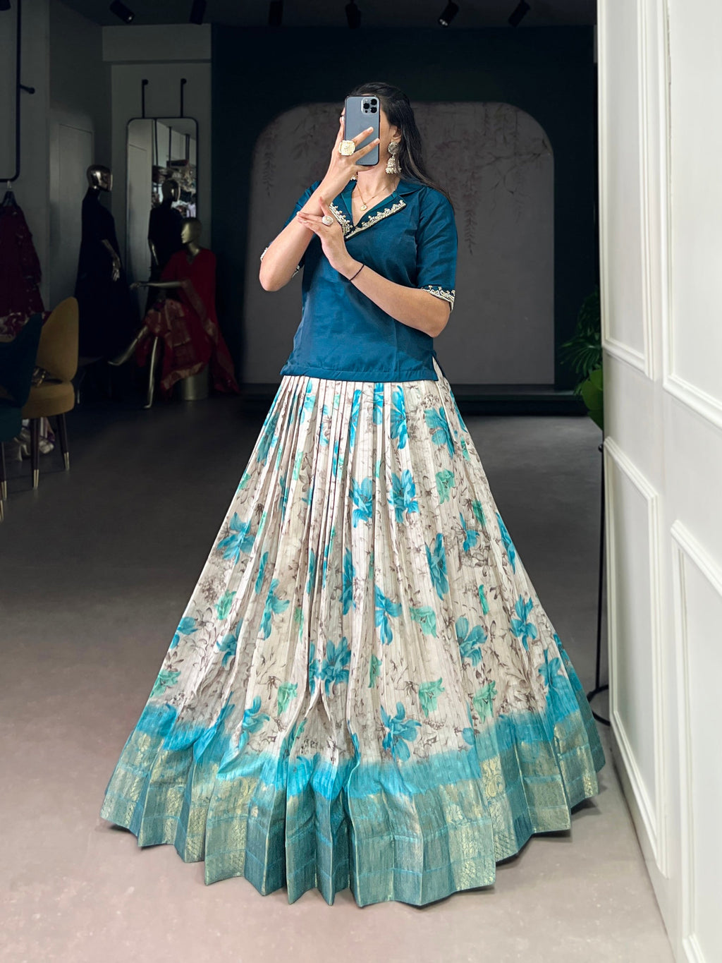 Lorenvalley Fashion Teal Dola Chex Floral Printed With Zari Weaving Work Lehenga Choli | Grocsy