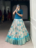 Lorenvalley Fashion Teal Dola Chex Floral Printed With Zari Weaving Work Lehenga Choli | Grocsy