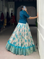 Lorenvalley Fashion Teal Dola Chex Floral Printed With Zari Weaving Work Lehenga Choli | Grocsy