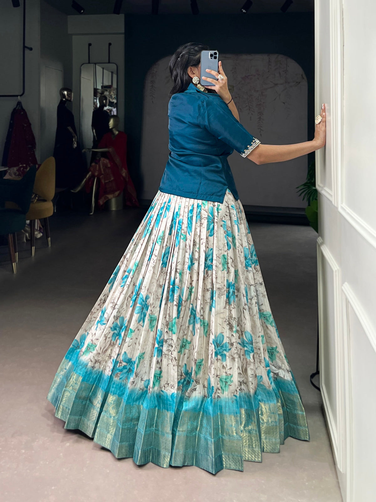 Lorenvalley Fashion Teal Dola Chex Floral Printed With Zari Weaving Work Lehenga Choli | Grocsy