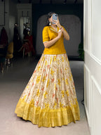 Lorenvalley Fashion Yellow Dola Chex Floral Printed With Zari Weaving Work Lehenga Choli | Grocsy