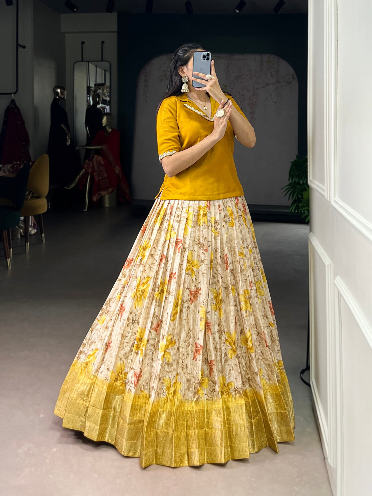 Lorenvalley Fashion Yellow Dola Chex Floral Printed With Zari Weaving Work Lehenga Choli | Grocsy