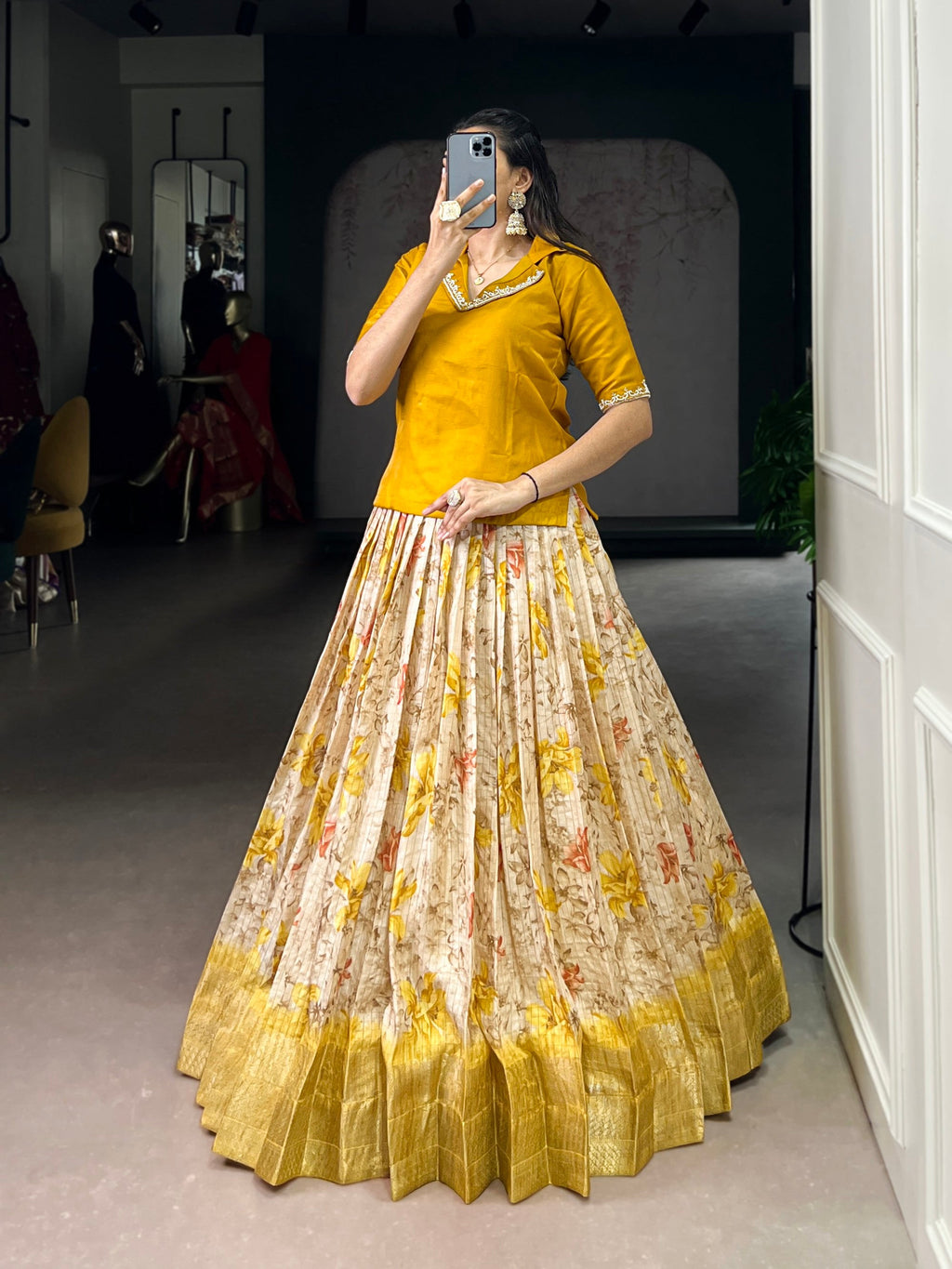 Lorenvalley Fashion Yellow Dola Chex Floral Printed With Zari Weaving Work Lehenga Choli | Grocsy