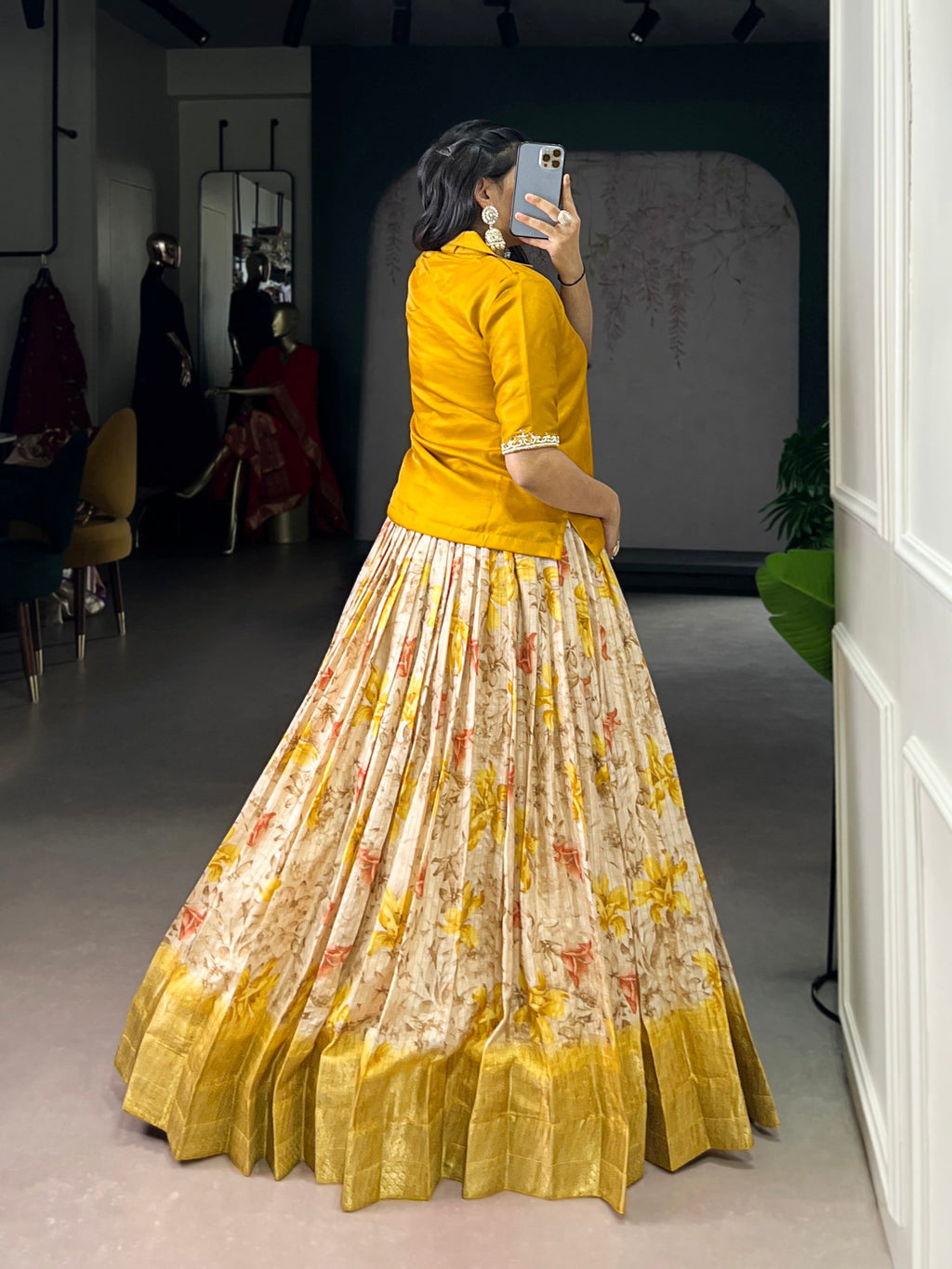 Lorenvalley Fashion Yellow Dola Chex Floral Printed With Zari Weaving Work Lehenga Choli | Grocsy