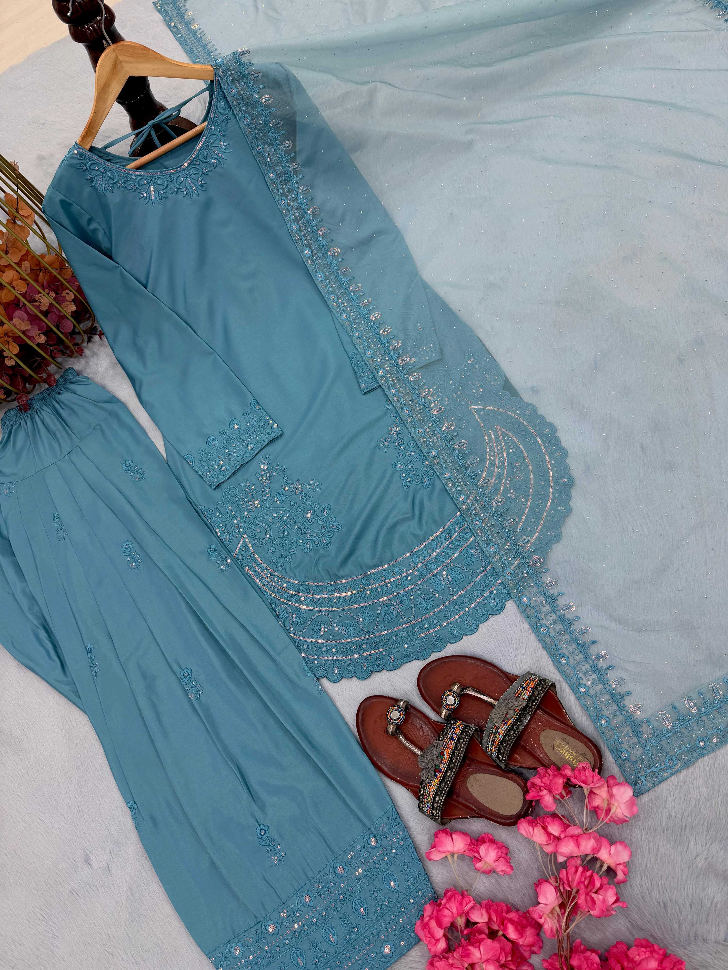 Anaita Blue Crepe Readymade Suit with Embroidery & Sequence Work | Grocsy