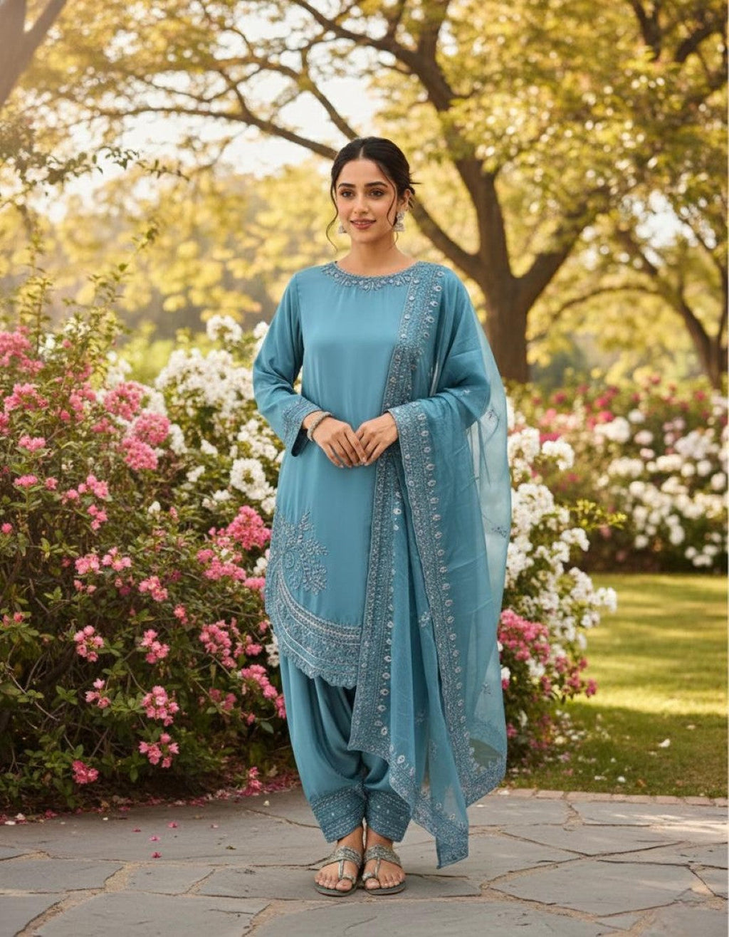 Anaita Blue Crepe Readymade Suit with Embroidery & Sequence Work | Grocsy