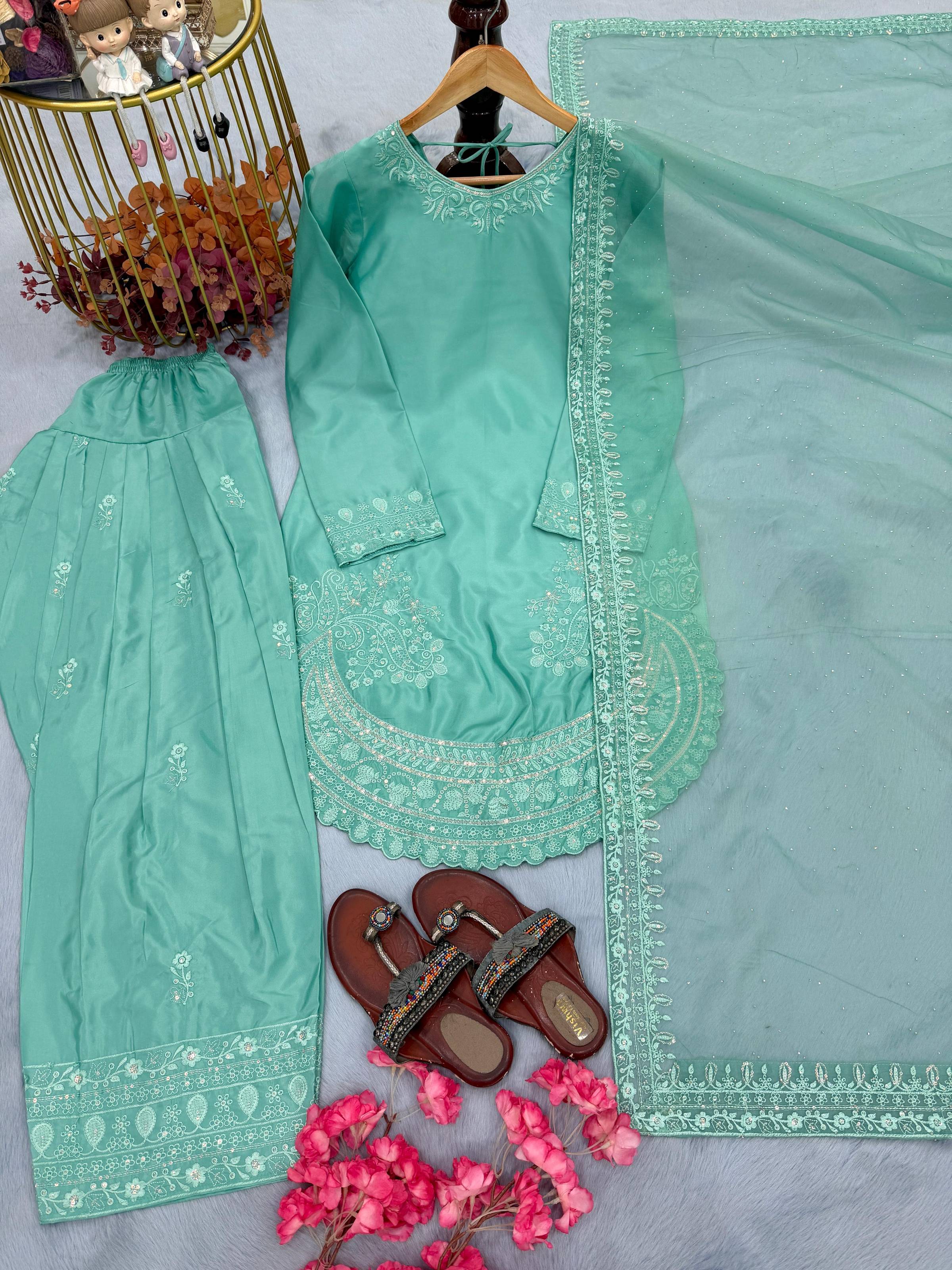 Anaita Sky Blue Crepe Readymade Suit with Embroidery & Sequence Work | Grocsy