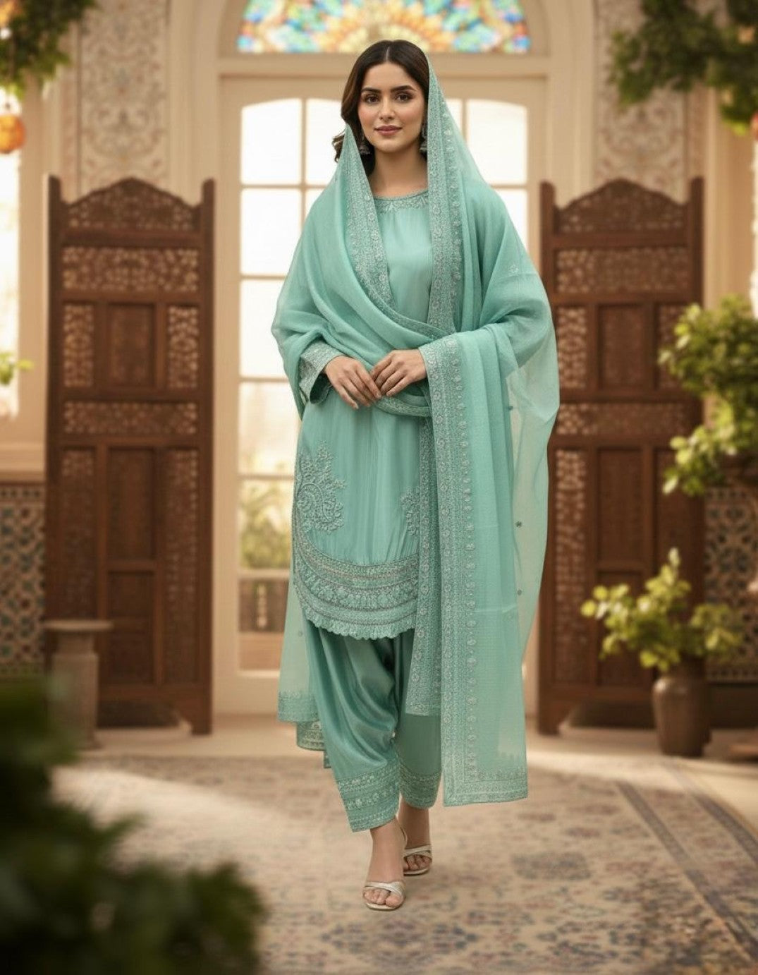 Anaita Sky Blue Crepe Readymade Suit with Embroidery & Sequence Work | Grocsy