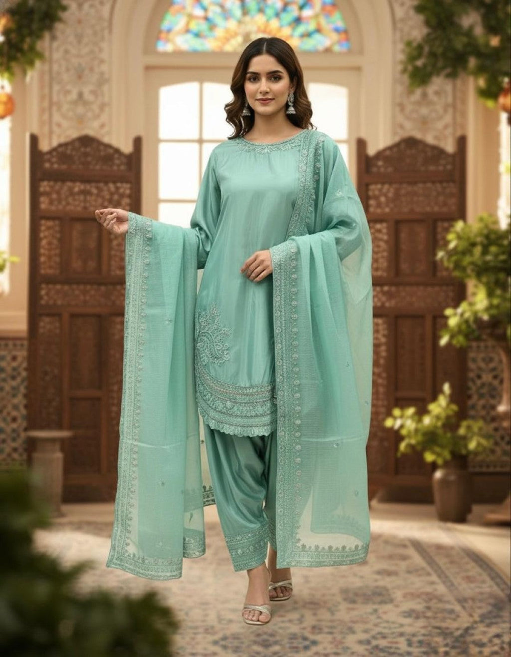 Anaita Sky Blue Crepe Readymade Suit with Embroidery & Sequence Work | Grocsy