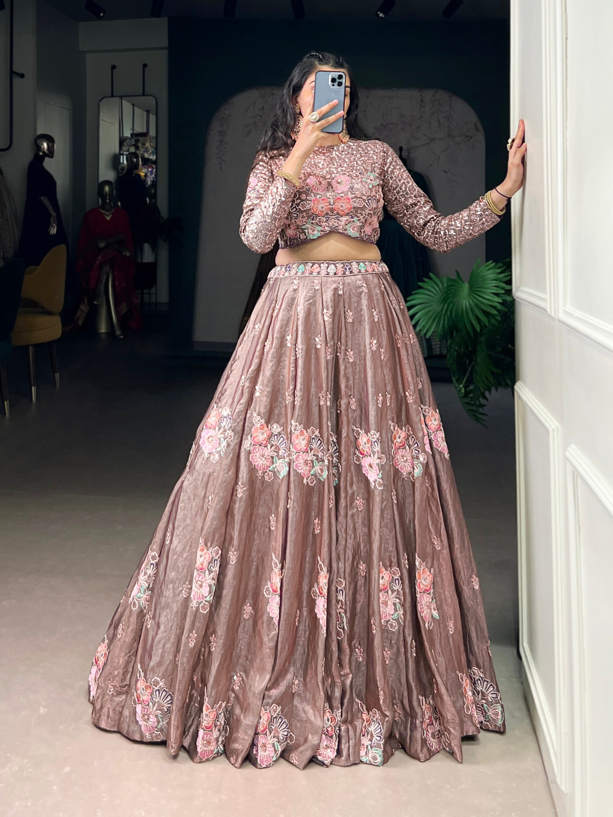 Lorenvalley Fashion Onionpink Fendy Silk Sequins and Thread Embroidery Work Lehenga Choli | Grocsy