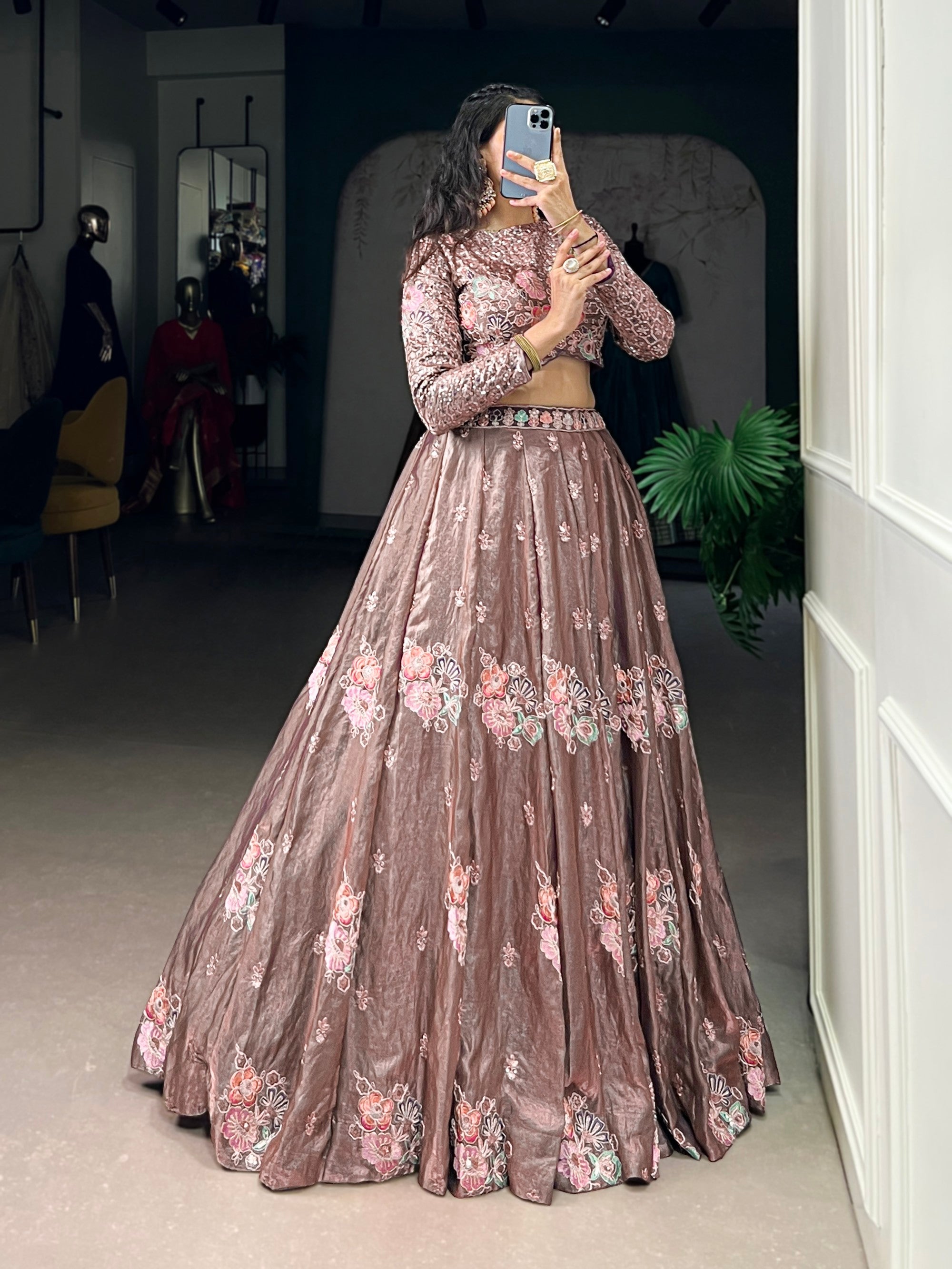 Lorenvalley Fashion Onionpink Fendy Silk Sequins and Thread Embroidery Work Lehenga Choli | Grocsy