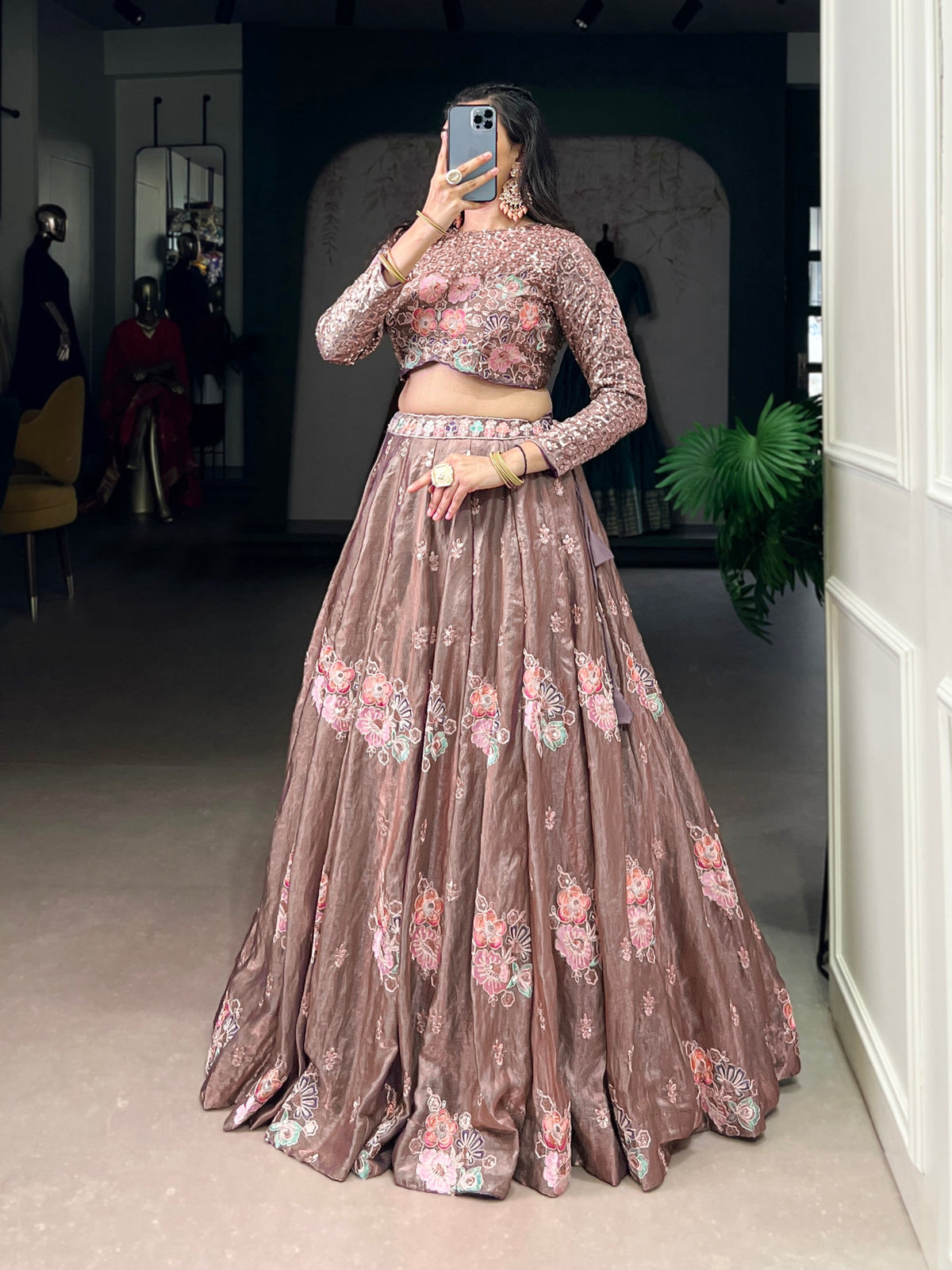 Lorenvalley Fashion Onionpink Fendy Silk Sequins and Thread Embroidery Work Lehenga Choli | Grocsy