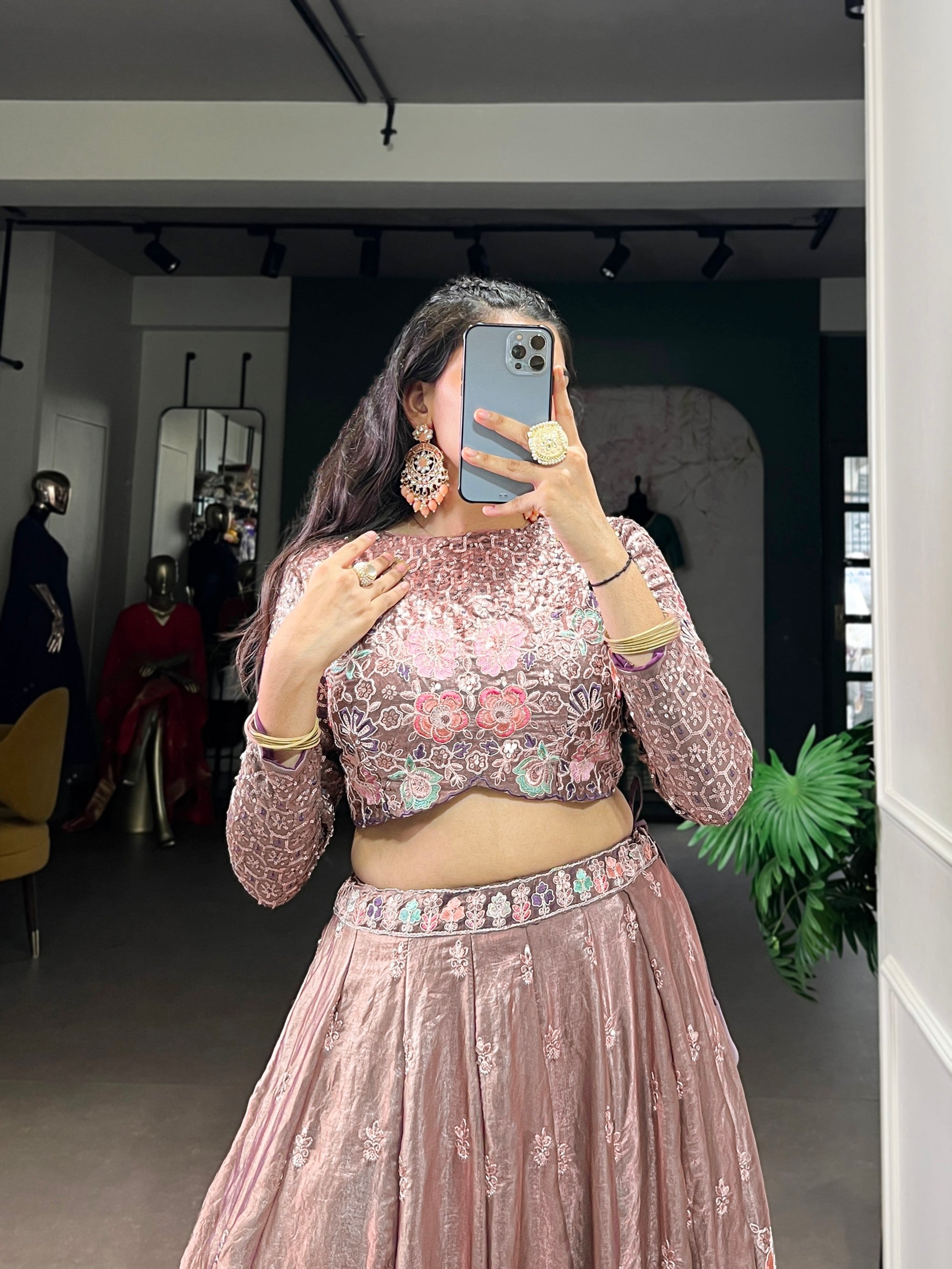 Lorenvalley Fashion Onionpink Fendy Silk Sequins and Thread Embroidery Work Lehenga Choli | Grocsy