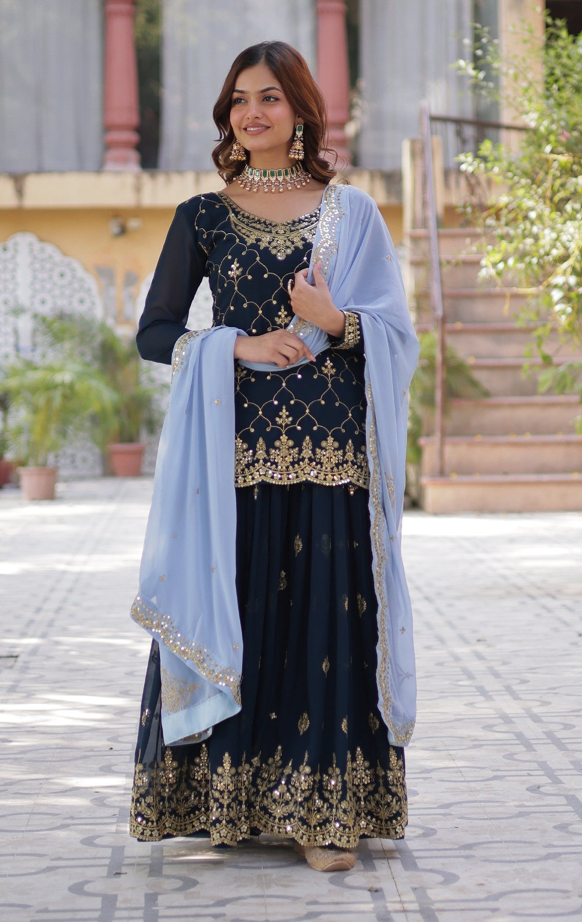 Vedant Vastram Heavy Embroidery & Sequins Work Pure Georgette Kurti Plazo Set With Dupatta - Blue | Grocsy