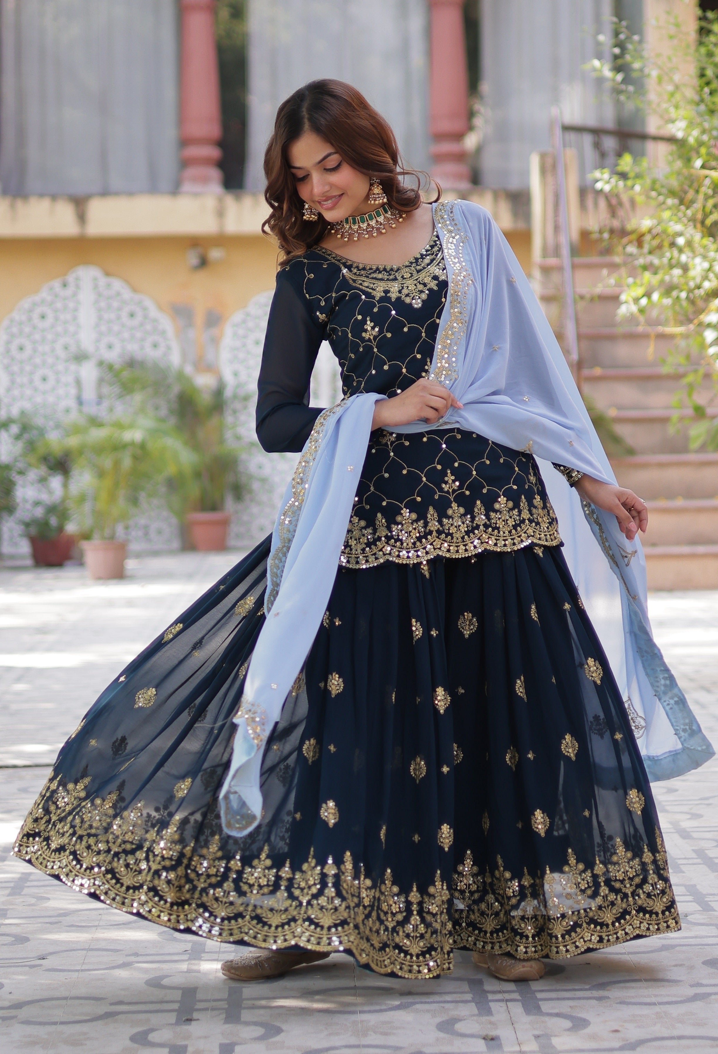 Vedant Vastram Heavy Embroidery & Sequins Work Pure Georgette Kurti Plazo Set With Dupatta - Blue | Grocsy