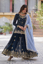 Vedant Vastram Heavy Embroidery & Sequins Work Pure Georgette Kurti Plazo Set With Dupatta - Blue | Grocsy