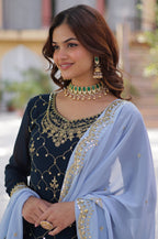 Vedant Vastram Heavy Embroidery & Sequins Work Pure Georgette Kurti Plazo Set With Dupatta - Blue | Grocsy