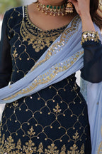 Vedant Vastram Heavy Embroidery & Sequins Work Pure Georgette Kurti Plazo Set With Dupatta - Blue | Grocsy