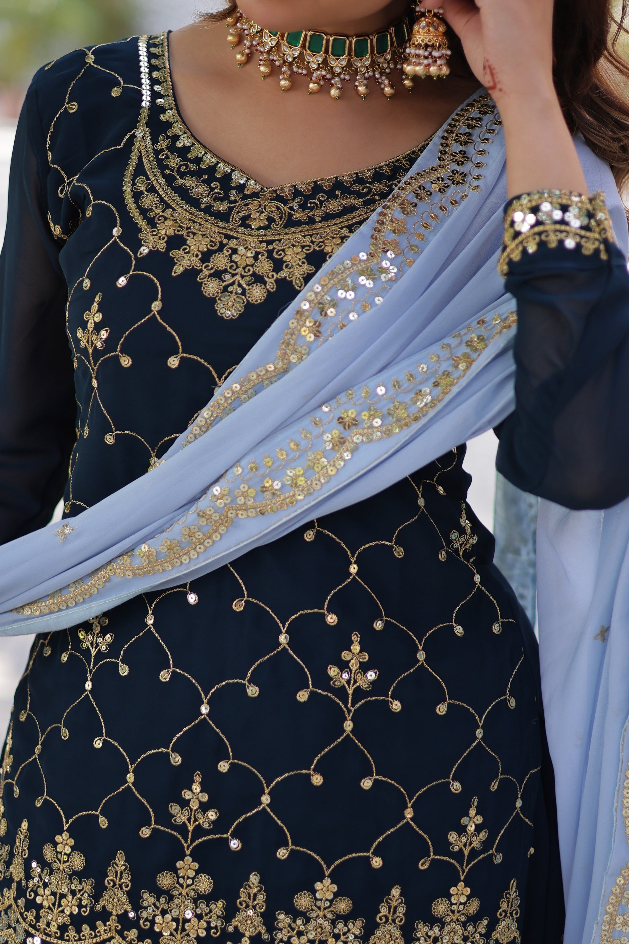Vedant Vastram Heavy Embroidery & Sequins Work Pure Georgette Kurti Plazo Set With Dupatta - Blue | Grocsy