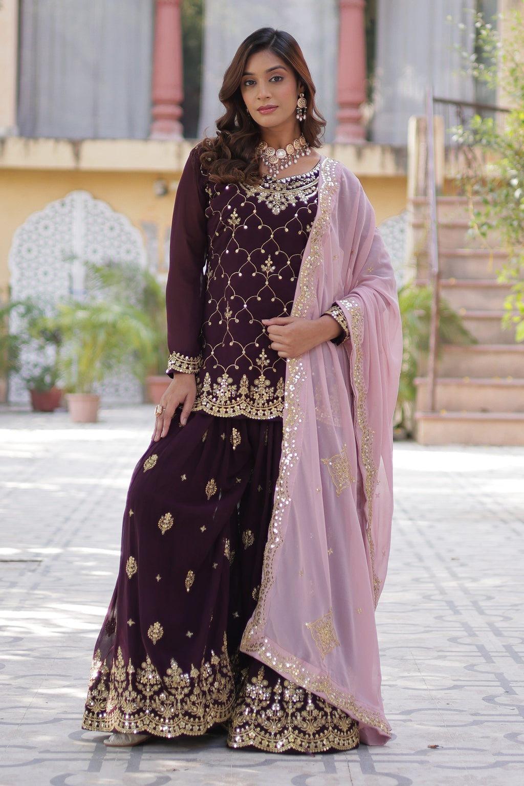 Vedant Vastram Heavy Embroidery & Sequins Work Pure Georgette Kurti Plazo Set With Dupatta - Wine | Grocsy
