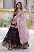 Vedant Vastram Heavy Embroidery & Sequins Work Pure Georgette Kurti Plazo Set With Dupatta - Wine | Grocsy
