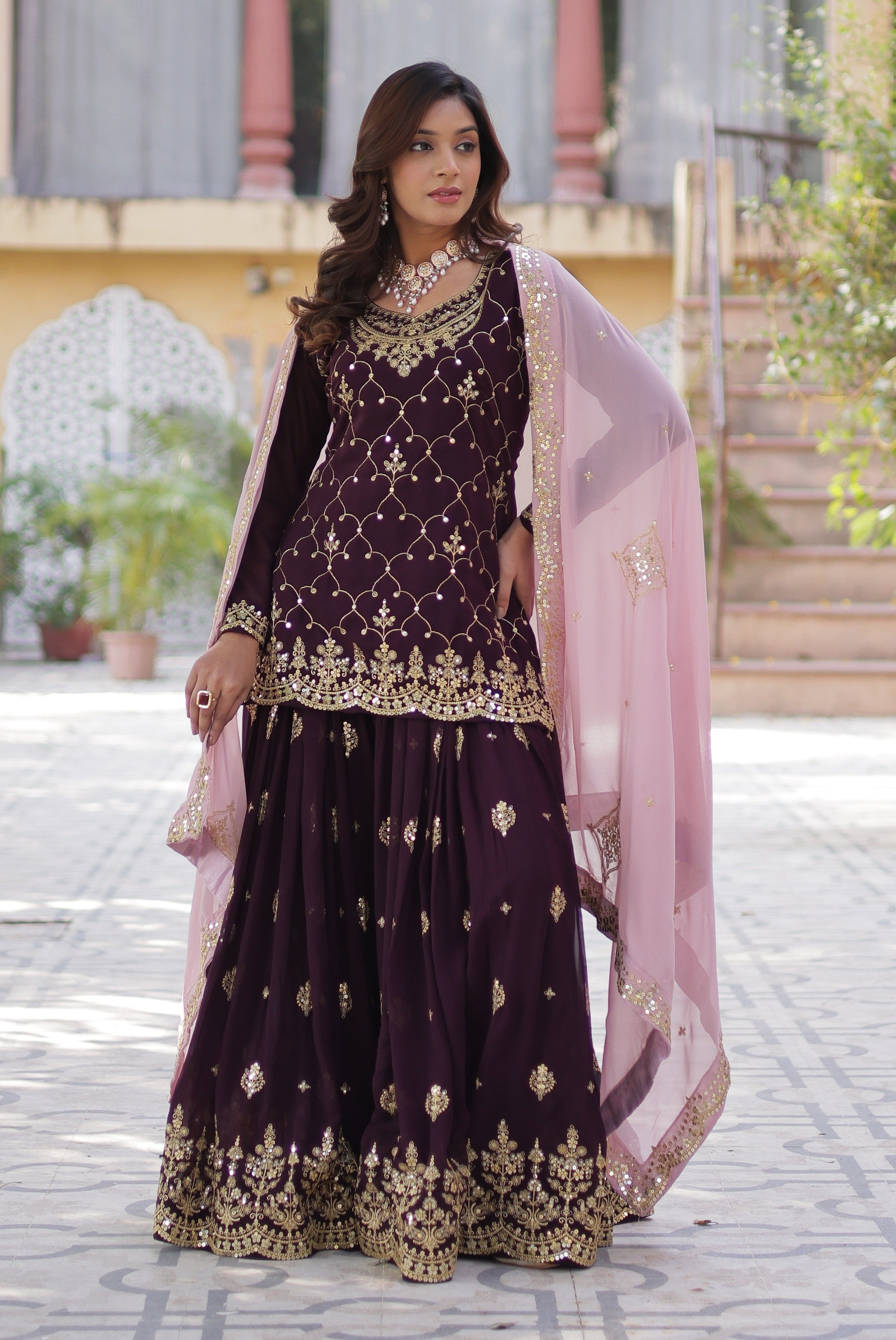 Vedant Vastram Heavy Embroidery & Sequins Work Pure Georgette Kurti Plazo Set With Dupatta - Wine | Grocsy