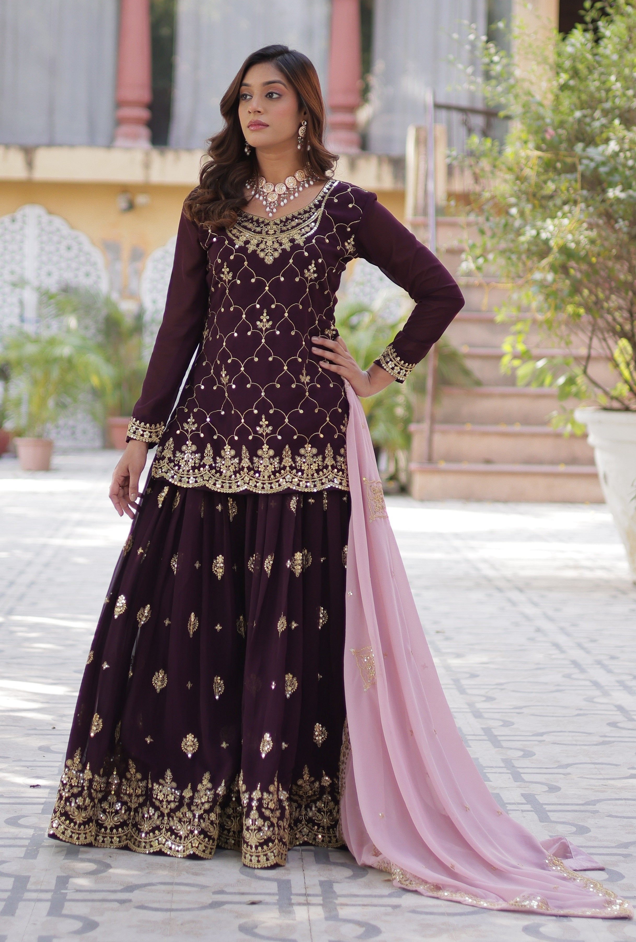 Vedant Vastram Heavy Embroidery & Sequins Work Pure Georgette Kurti Plazo Set With Dupatta - Wine | Grocsy
