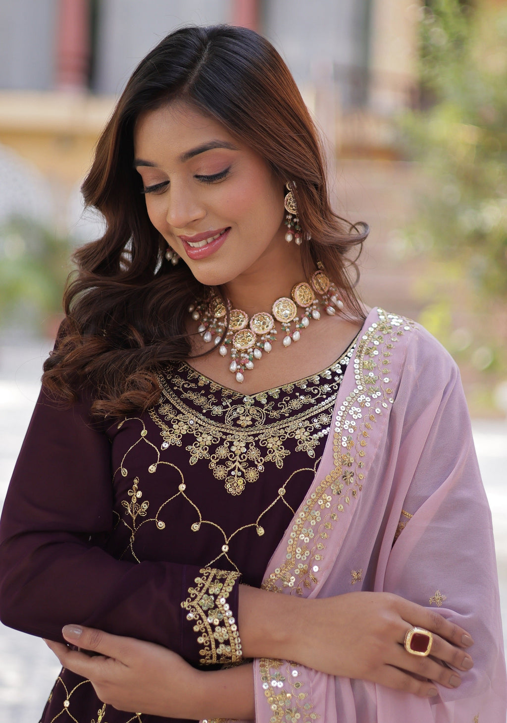 Vedant Vastram Heavy Embroidery & Sequins Work Pure Georgette Kurti Plazo Set With Dupatta - Wine | Grocsy