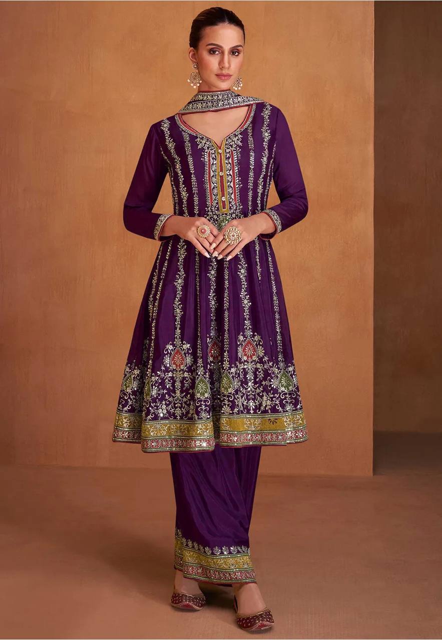 Lorenvalley Purple Chinon Embroidery With Sequince Work Salwar Kameez Stitched | Grocsy