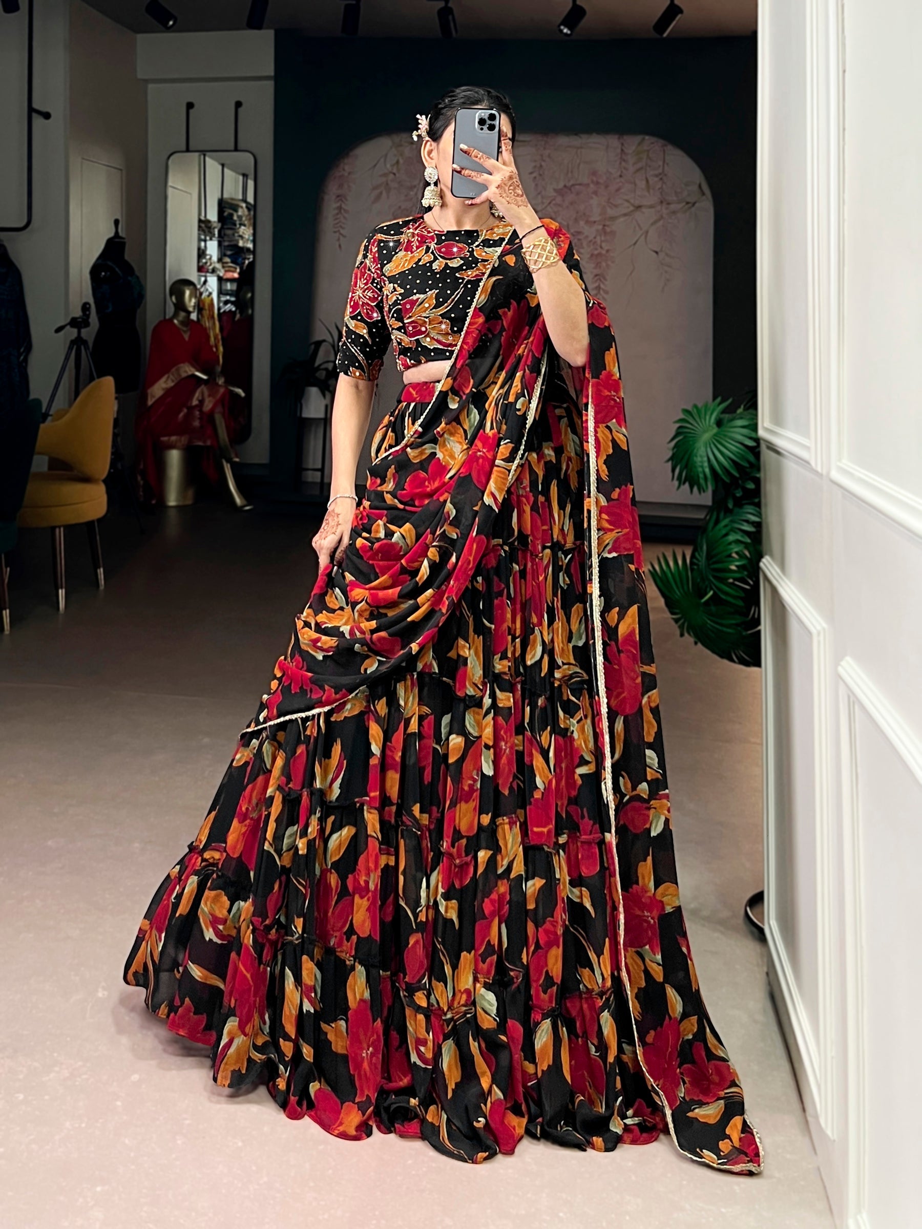 Lorenvalley Fashion Multicolor Marble Floral Printed Lehenga Choli with Dupatta | Grocsy