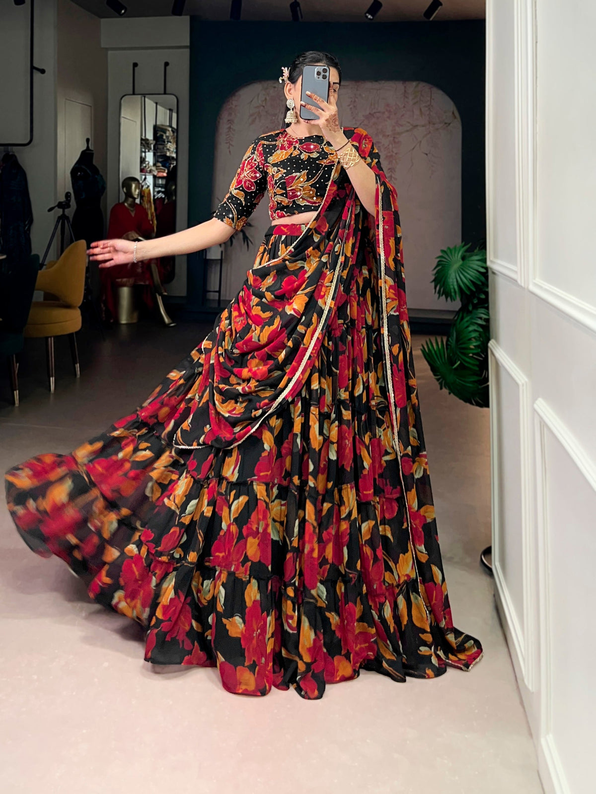 Lorenvalley Fashion Multicolor Marble Floral Printed Lehenga Choli with Dupatta | Grocsy