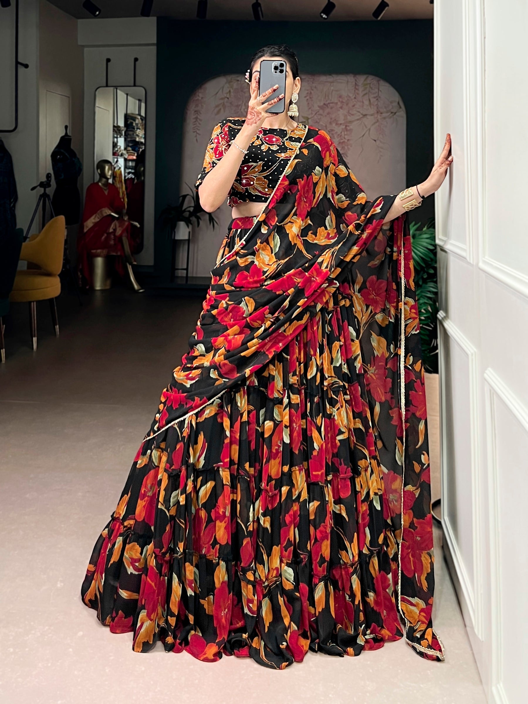 Lorenvalley Fashion Multicolor Marble Floral Printed Lehenga Choli with Dupatta | Grocsy