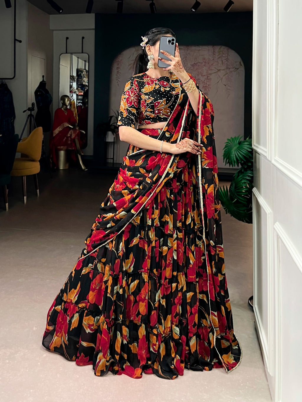 Lorenvalley Fashion Multicolor Marble Floral Printed Lehenga Choli with Dupatta | Grocsy