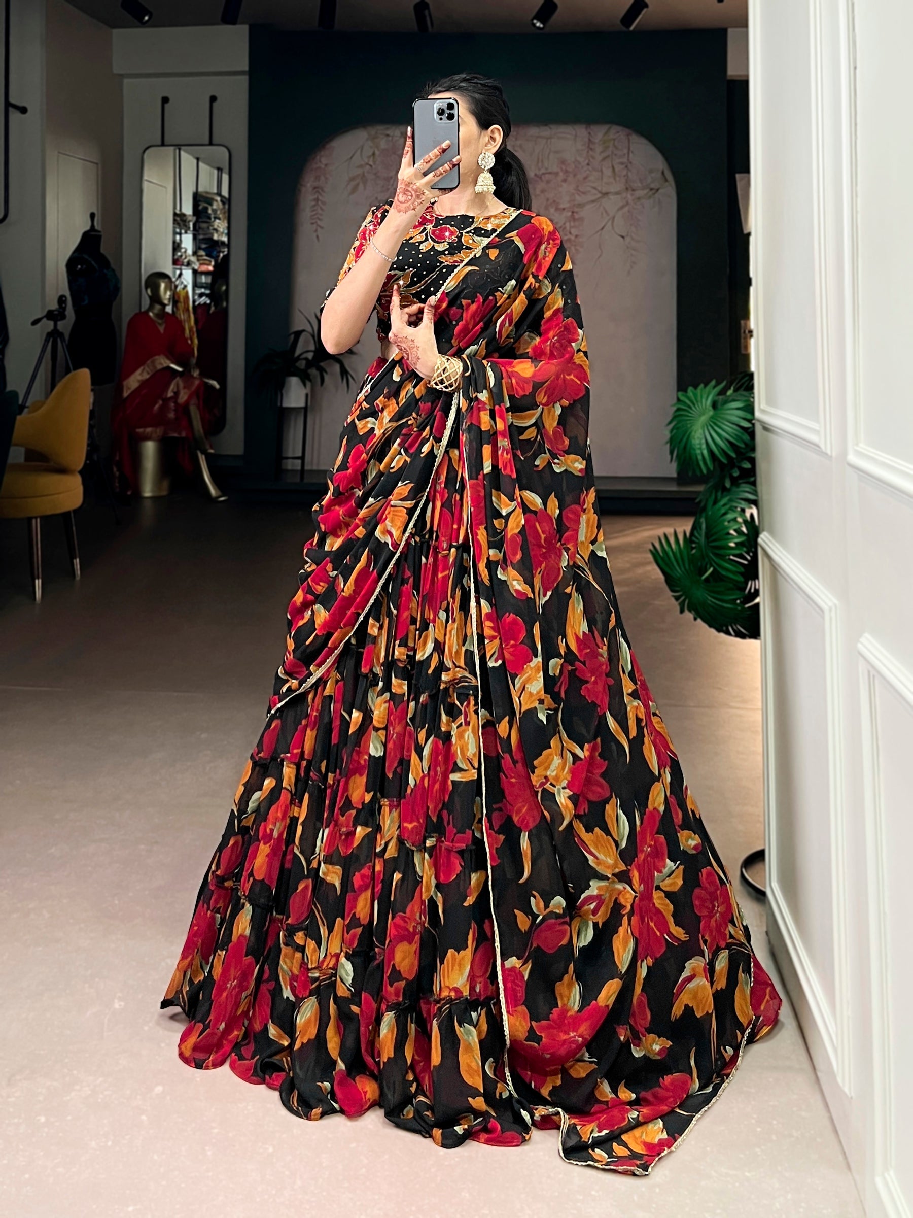 Lorenvalley Fashion Multicolor Marble Floral Printed Lehenga Choli with Dupatta | Grocsy
