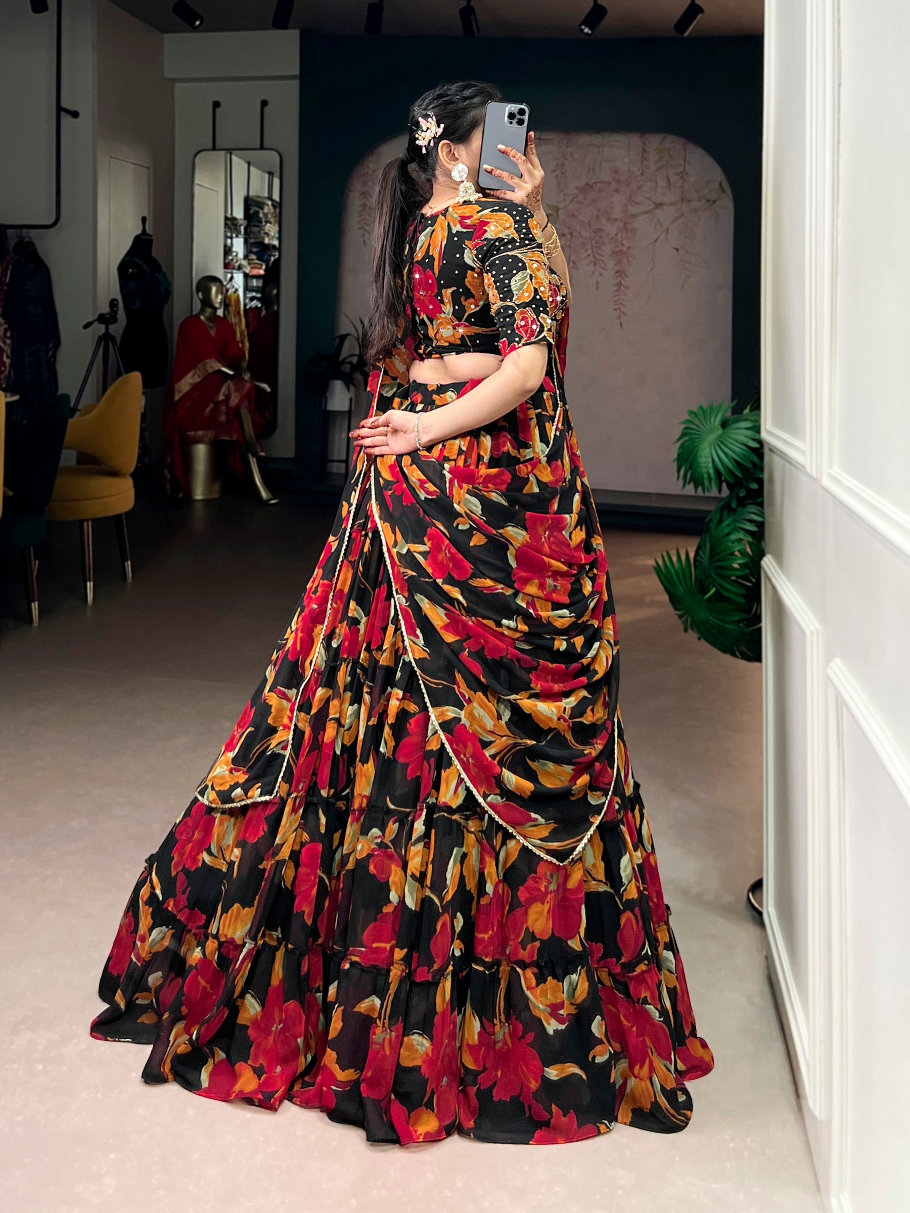 Lorenvalley Fashion Multicolor Marble Floral Printed Lehenga Choli with Dupatta | Grocsy