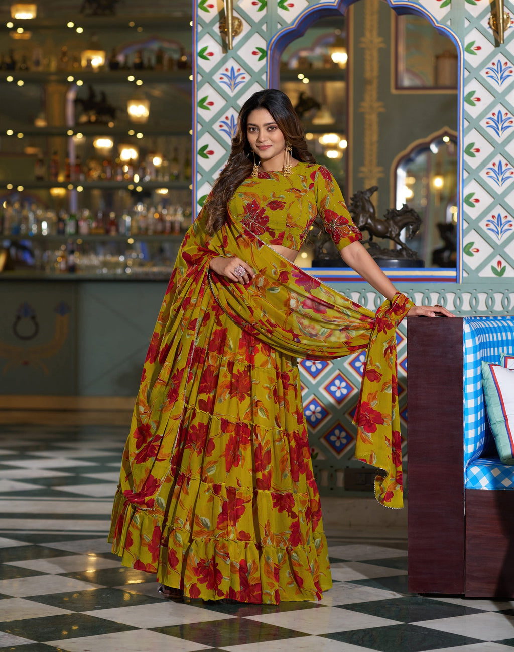 Lorenvalley Fashion Multicolor Marble Floral Printed Lehenga Choli With Dupatta | Grocsy