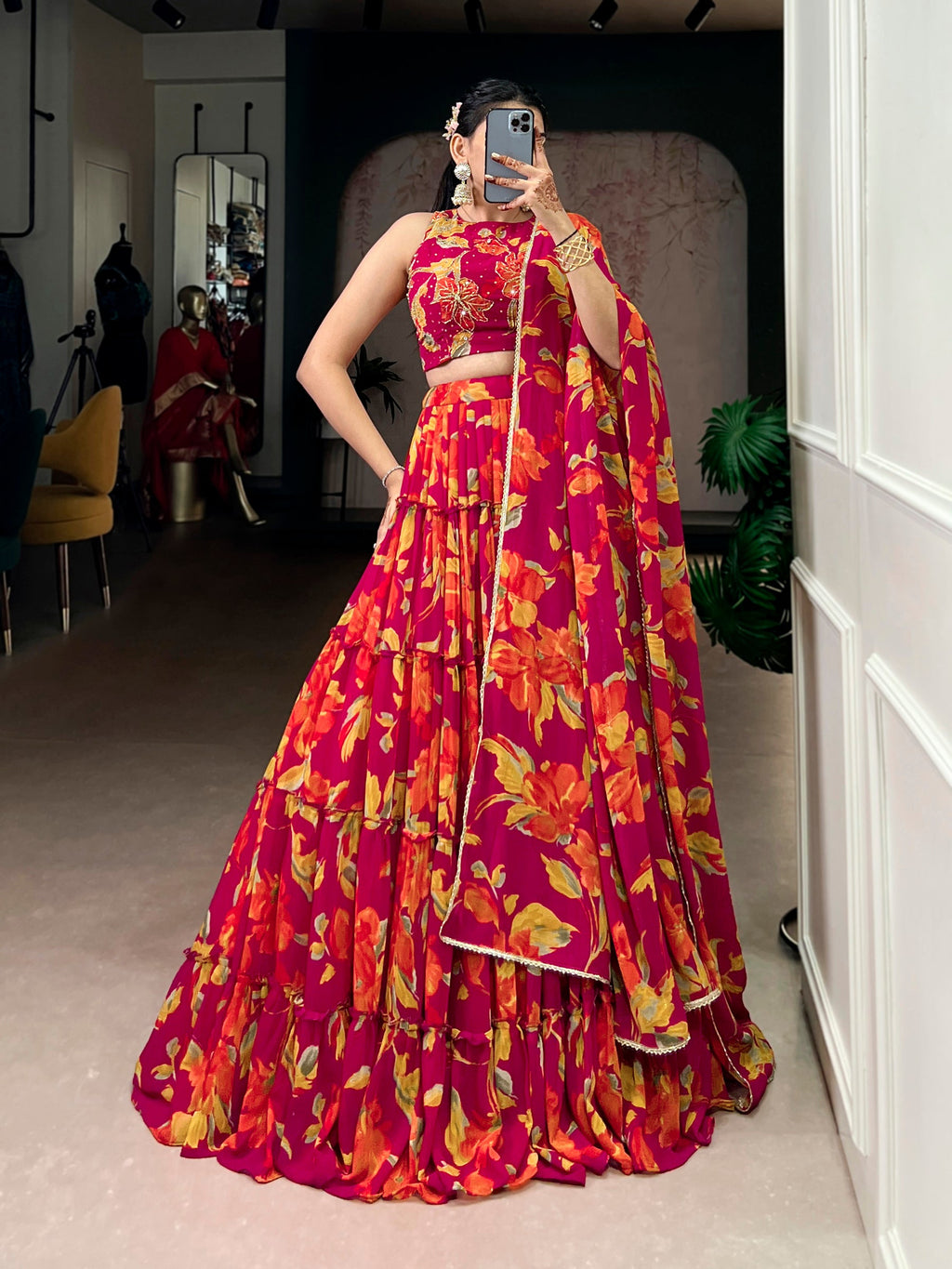 Lorenvalley Fashion Multicolor Marble Floral Printed Lehenga Choli with Dupatta | Grocsy