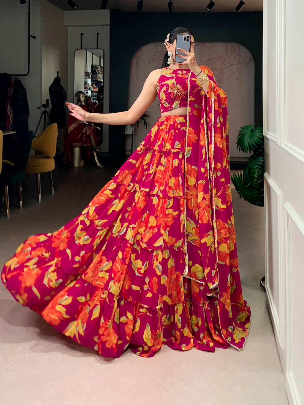 Lorenvalley Fashion Multicolor Marble Floral Printed Lehenga Choli with Dupatta | Grocsy