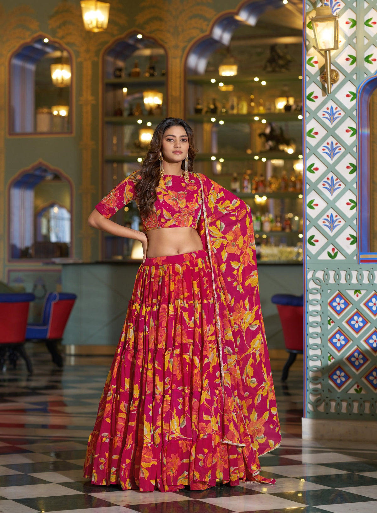 Lorenvalley Fashion Multicolor Marble Floral Printed Lehenga Choli With Dupatta | Grocsy