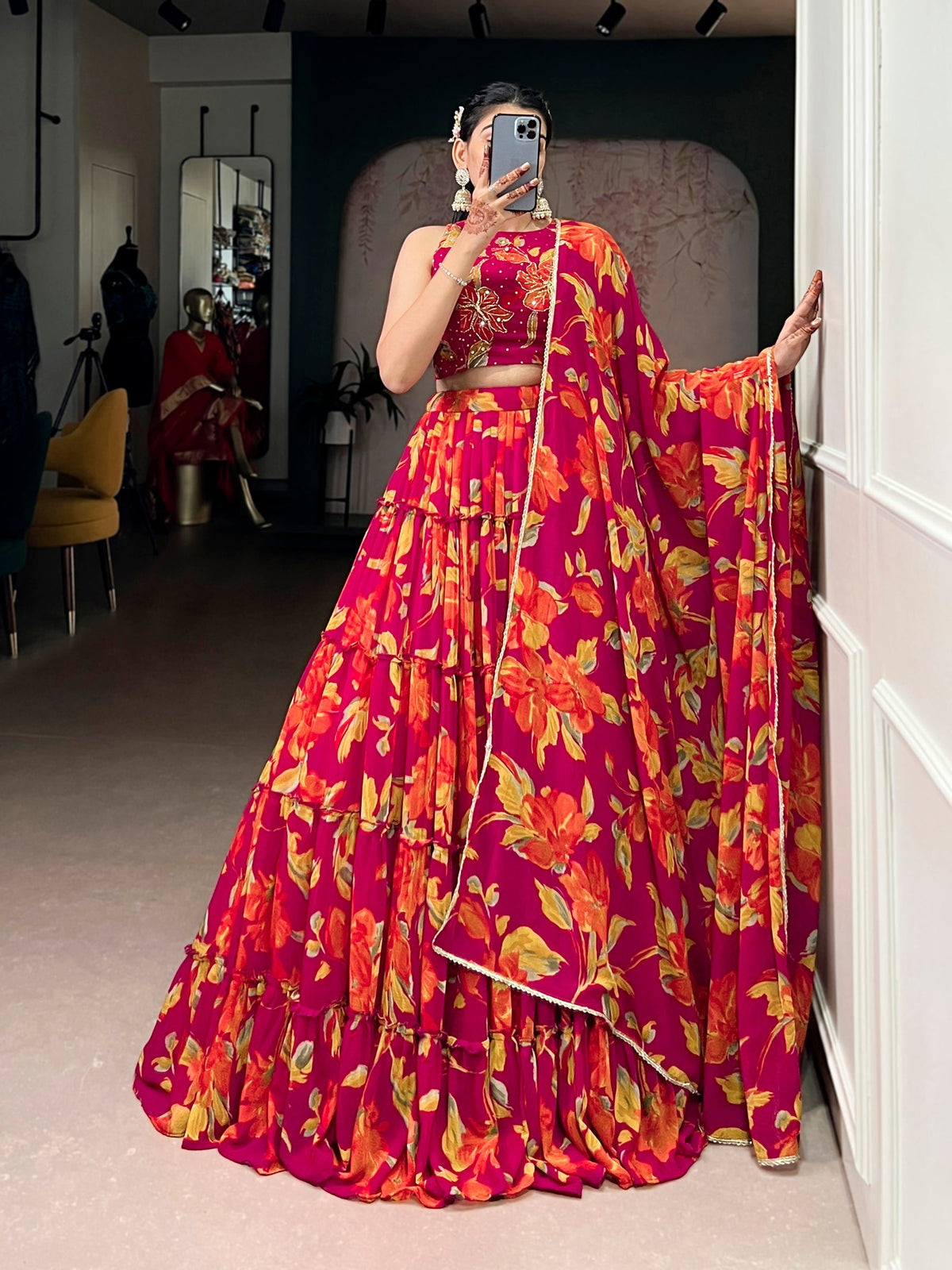 Lorenvalley Fashion Multicolor Marble Floral Printed Lehenga Choli with Dupatta | Grocsy
